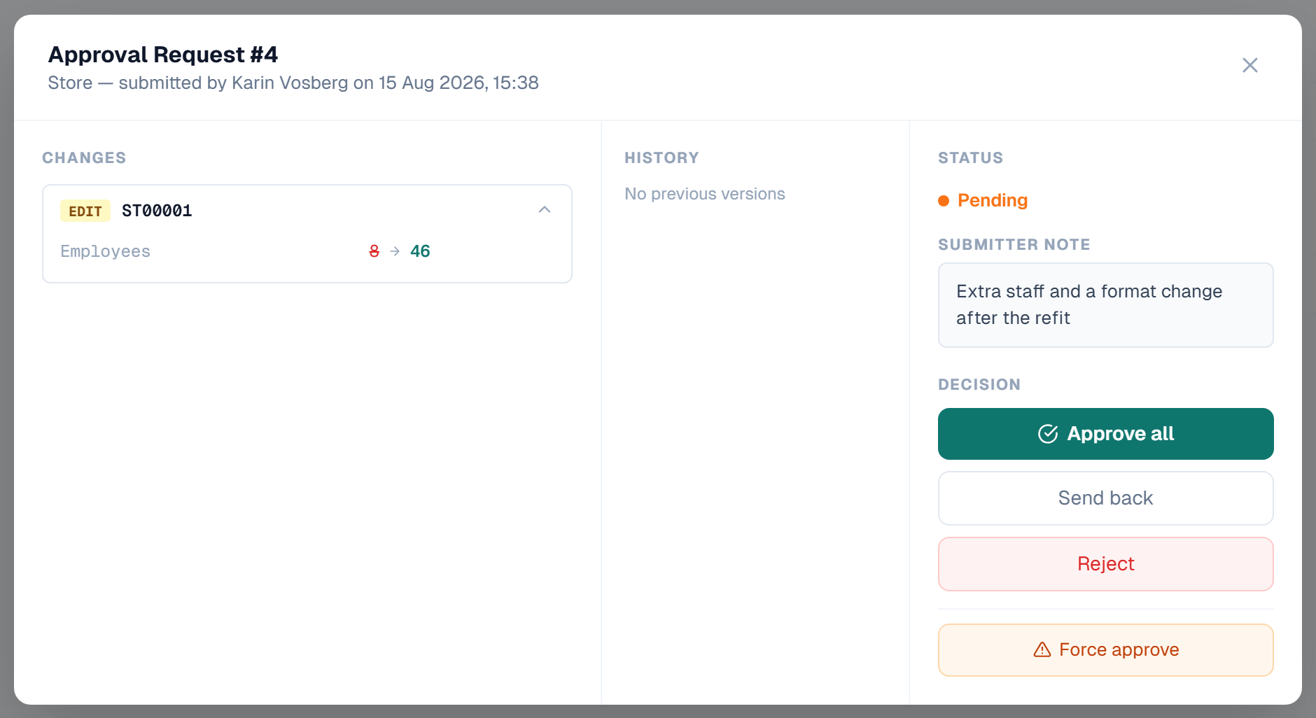 The approval review panel with the change diff