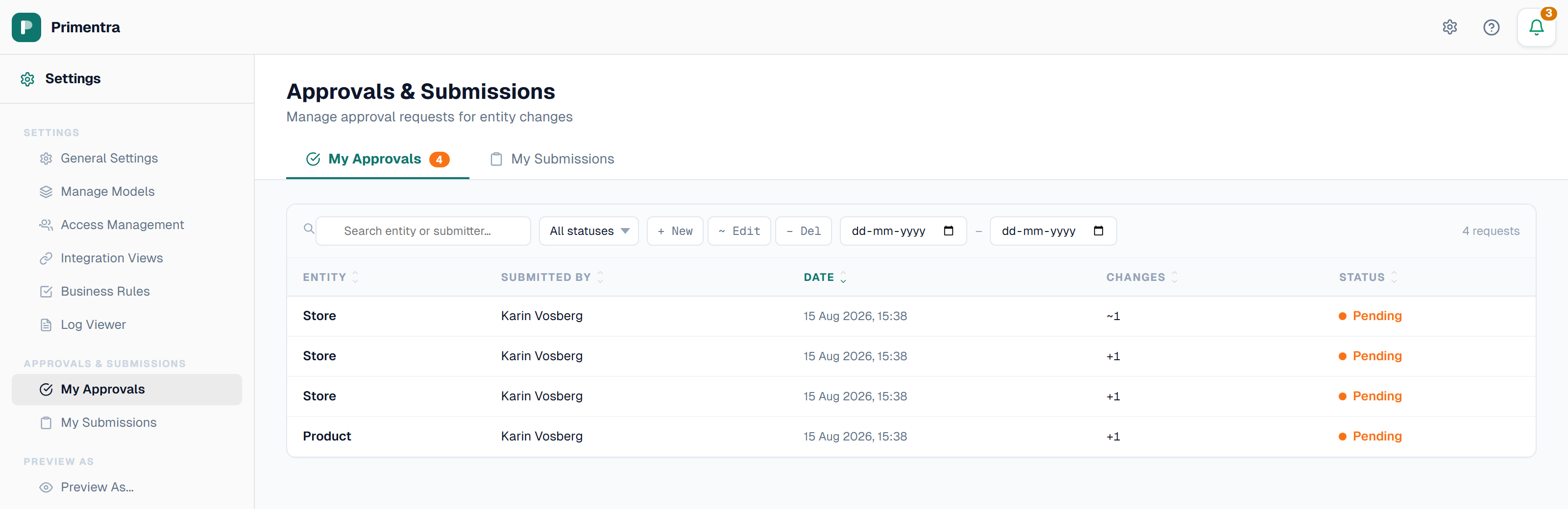 The approval queue with pending requests