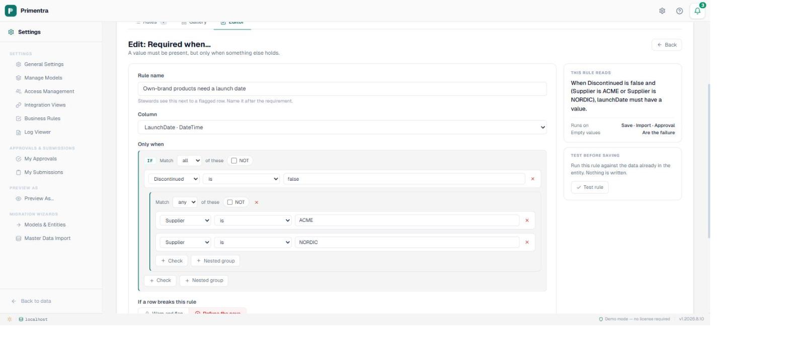 The Primentra rule builder showing an IF group matching all, containing a Discontinued is false check and a nested group matching any of two Supplier checks