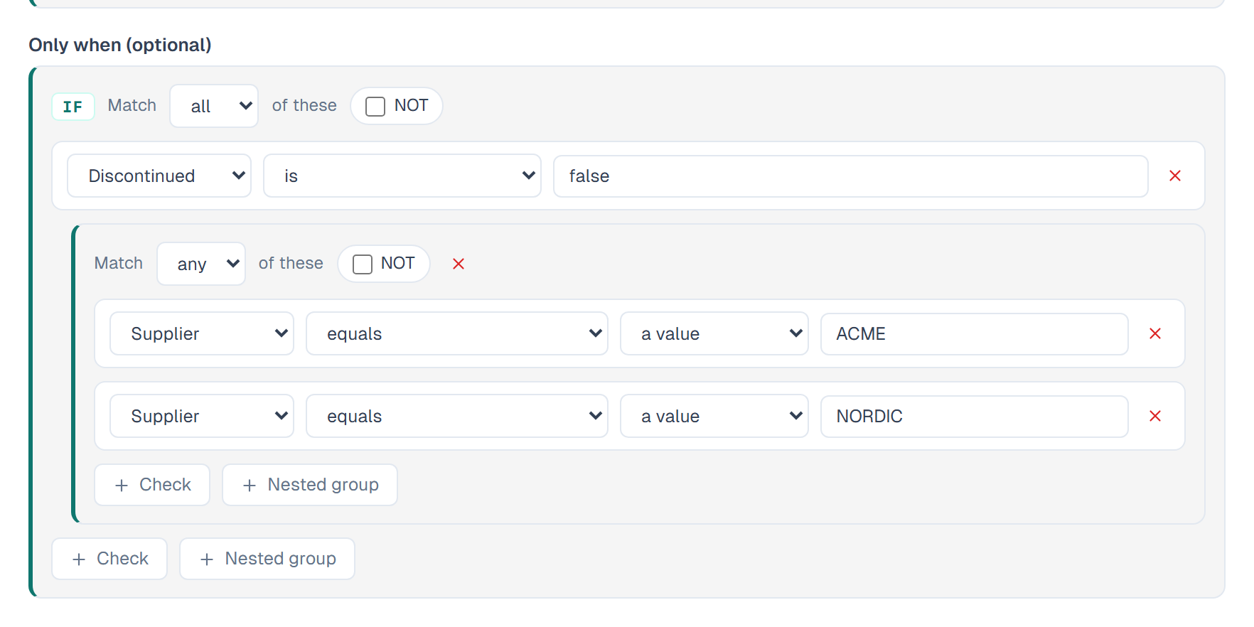 The rule editor with a nested IF group: Discontinued is false, and any of Supplier is ACME or Supplier is NORDIC