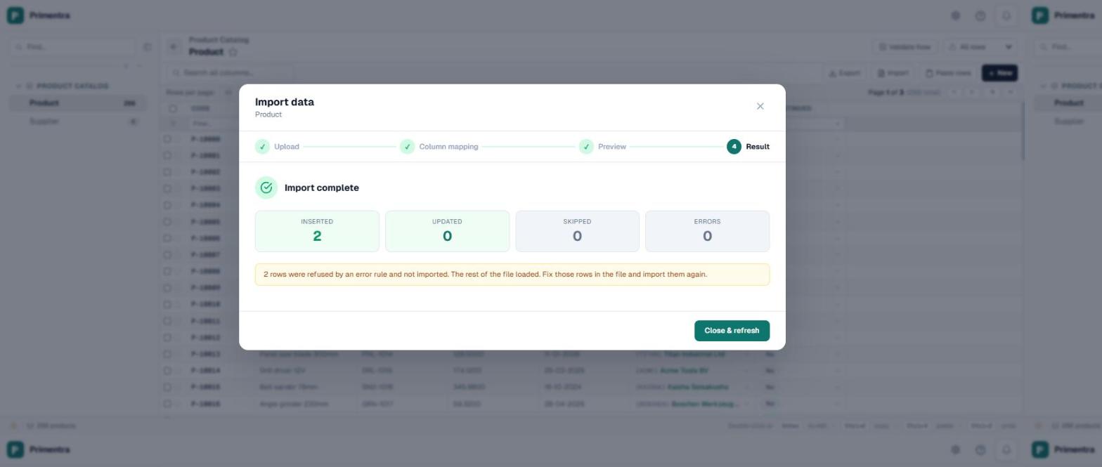 The Primentra import result step showing two rows inserted and a note that two rows were refused by an error rule and not imported