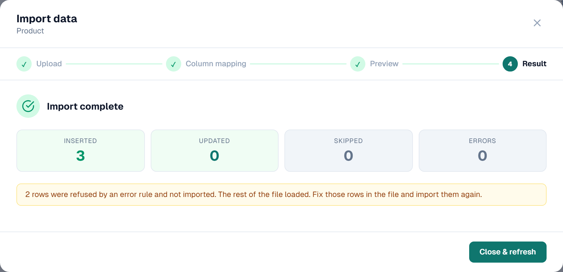The import wizard result step reporting that 2 rows were refused by an error rule and not imported