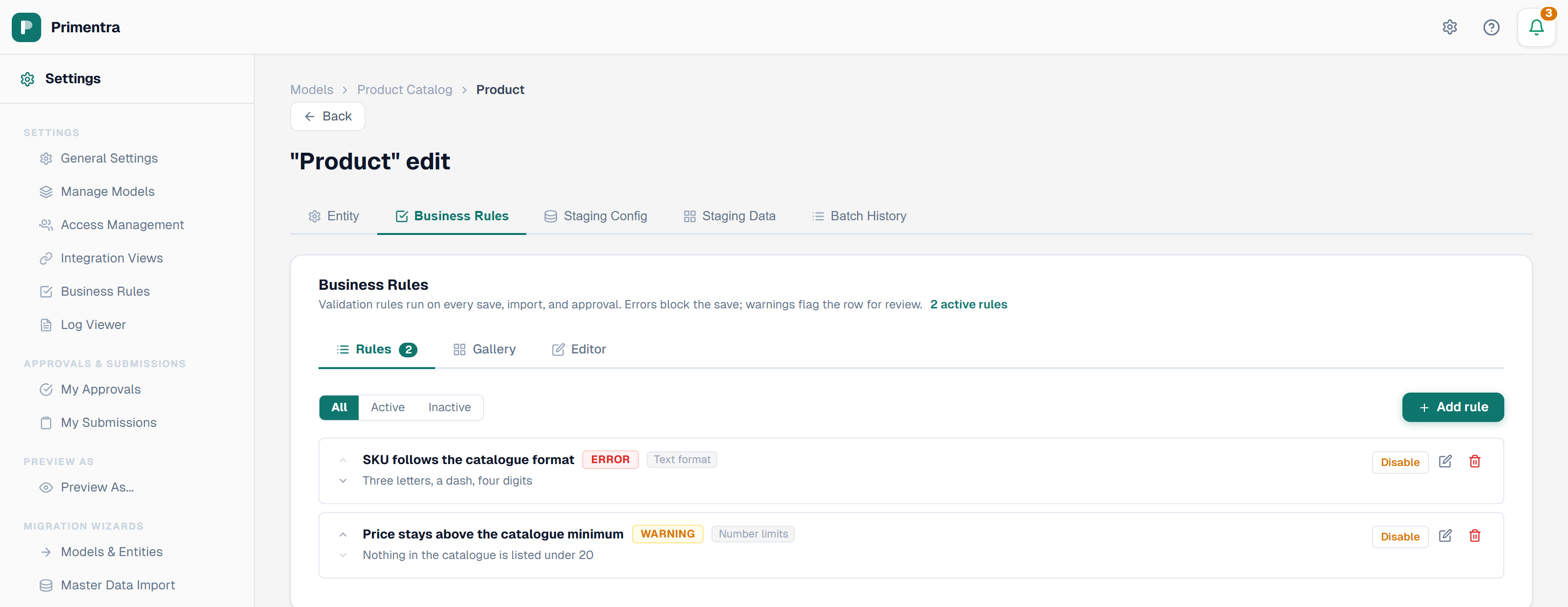 The Business Rules tab of the Product entity, listing each rule with its severity badge and the template it came from