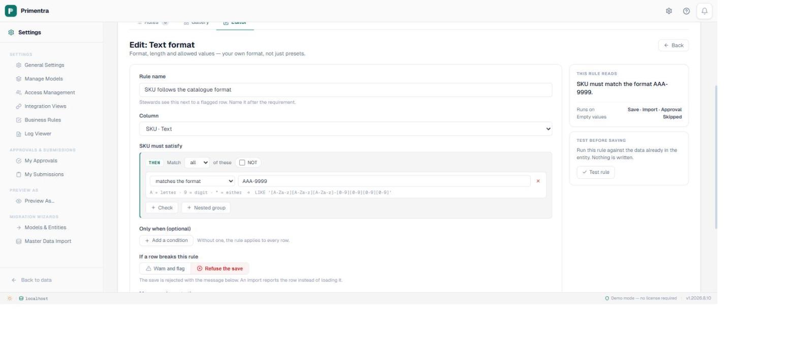 The Primentra rule editor with a format mask of AAA-9999, the compiled LIKE pattern below it, a plain-English summary panel and a Test rule button