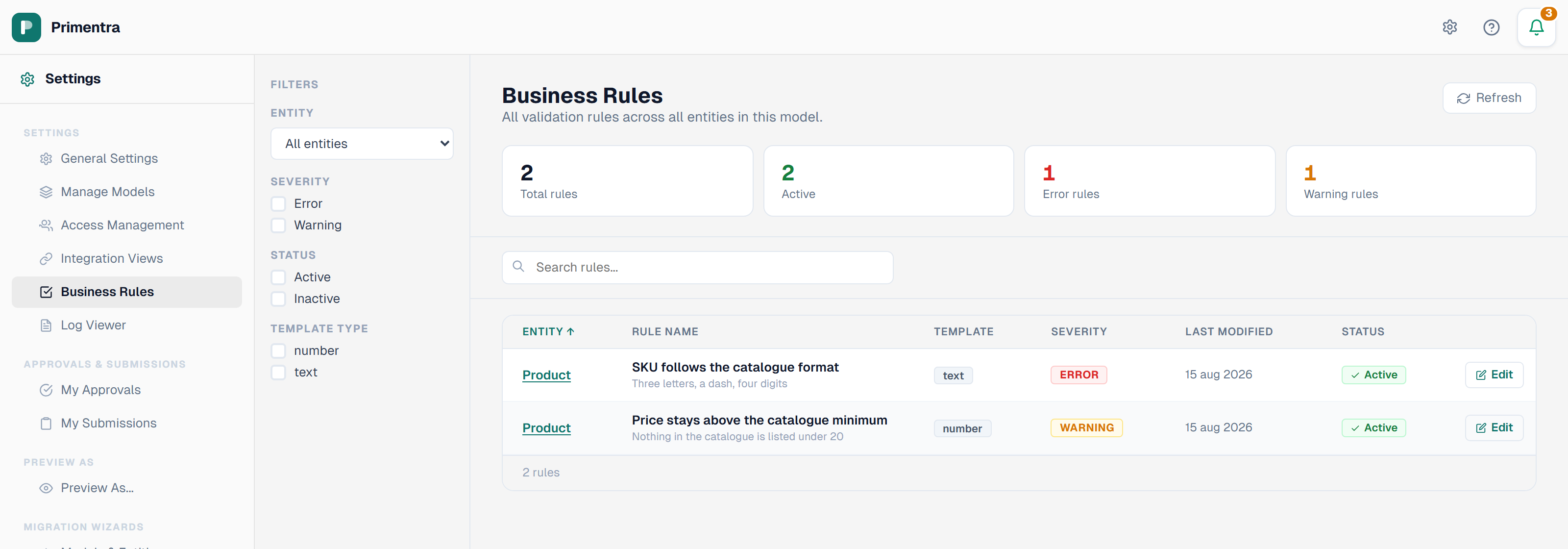 The Business Rules page: four count cards, a filter panel, and the full rule table across every entity