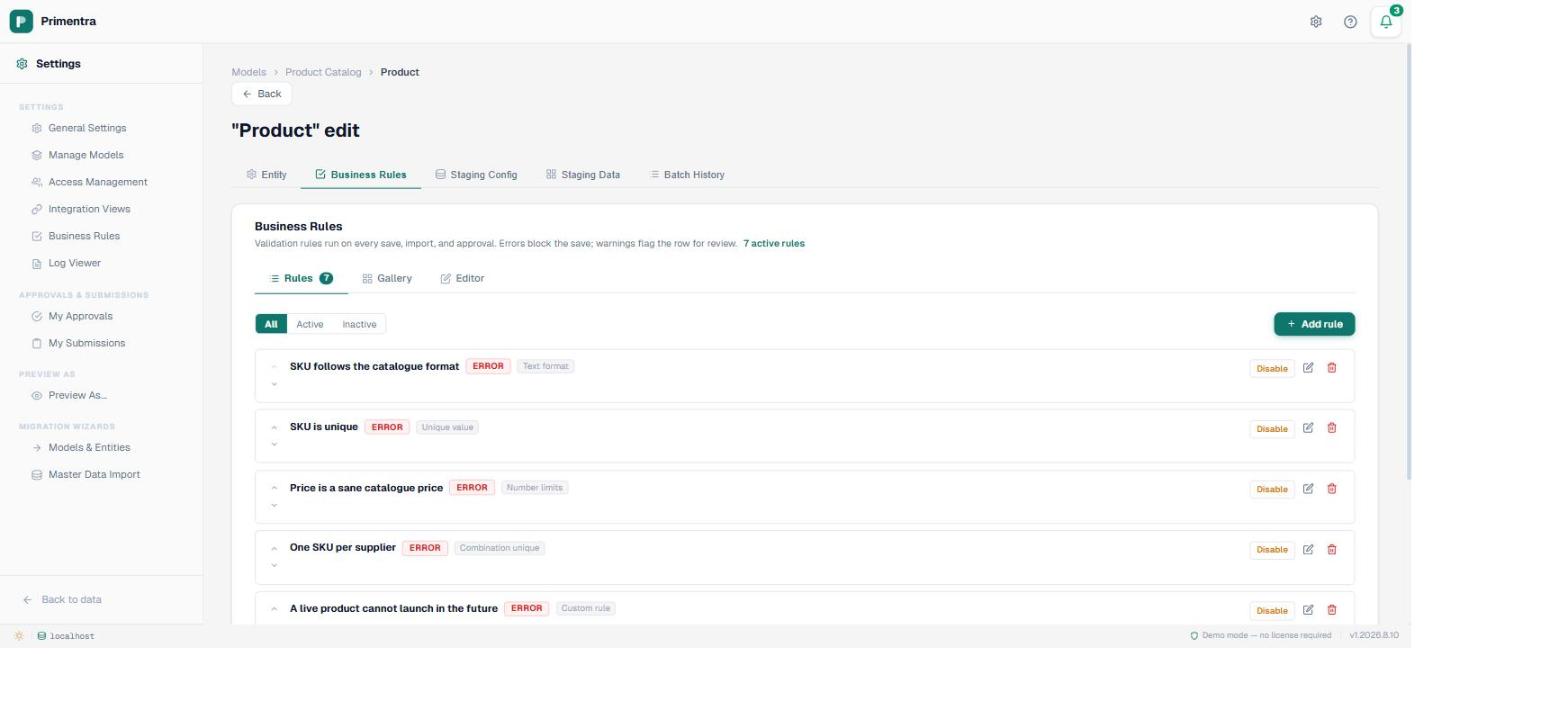 The Business Rules tab on the Product entity in Primentra, listing rules including SKU is unique and One SKU per supplier, each marked ERROR