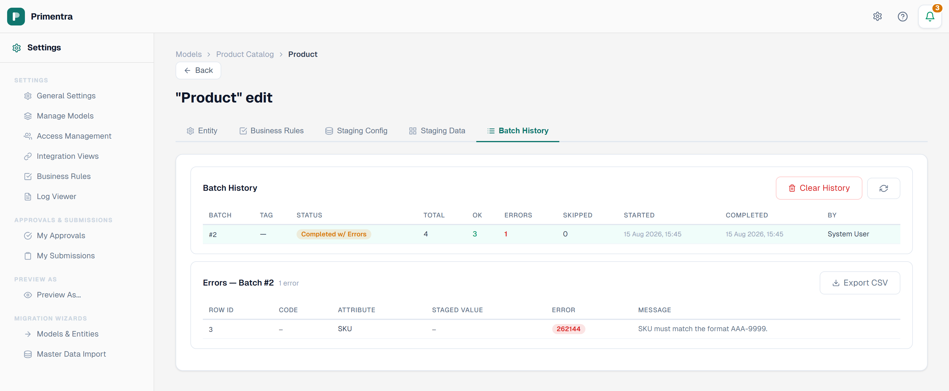 Batch History with a batch completed with errors, and an error list naming the rule message and code 262144
