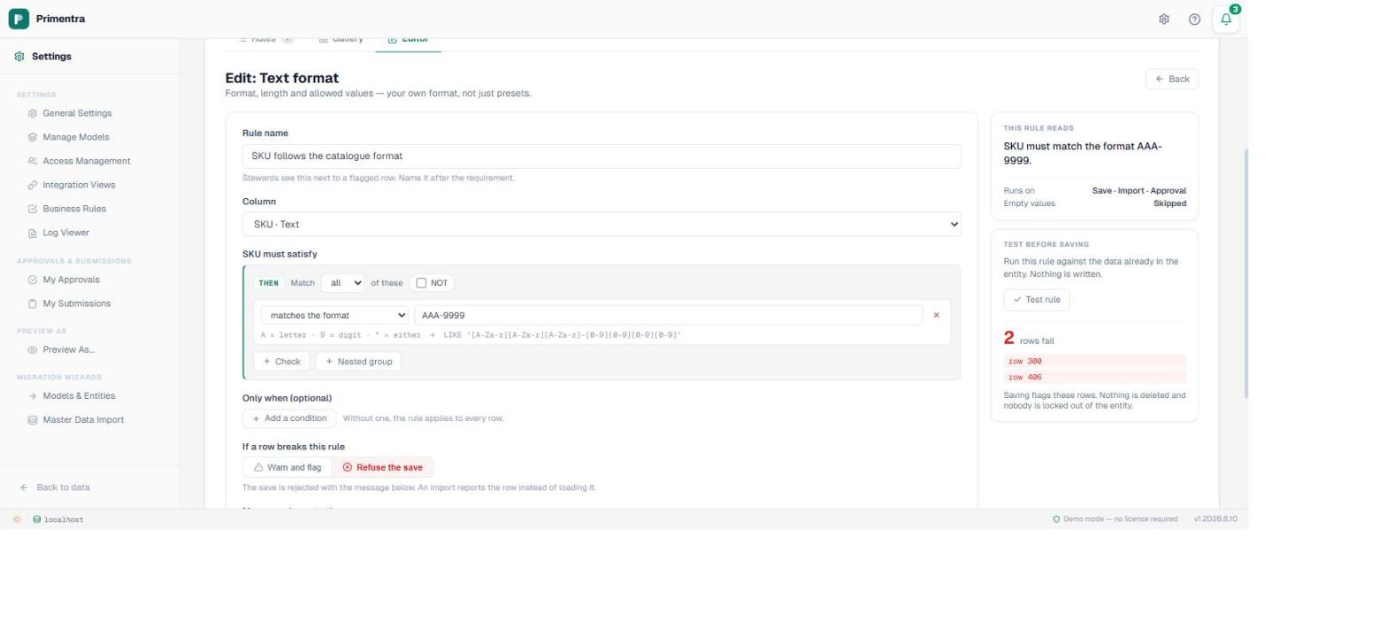 The Primentra rule editor Test before saving panel reporting two rows fail, listing the offending row ids, with a note that nothing is deleted