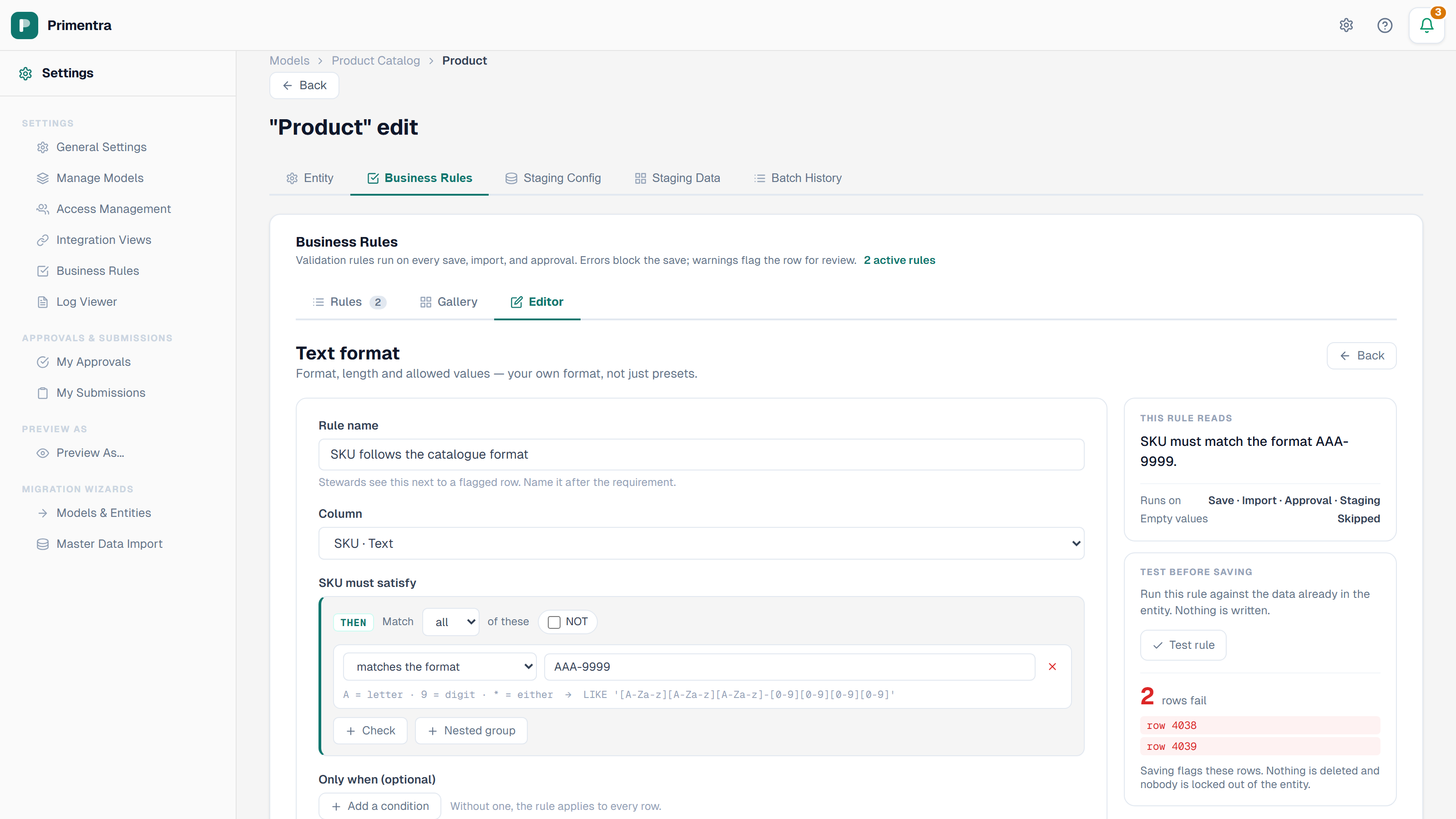 The rule editor with a test result: 2 rows fail, and the failing rows are listed