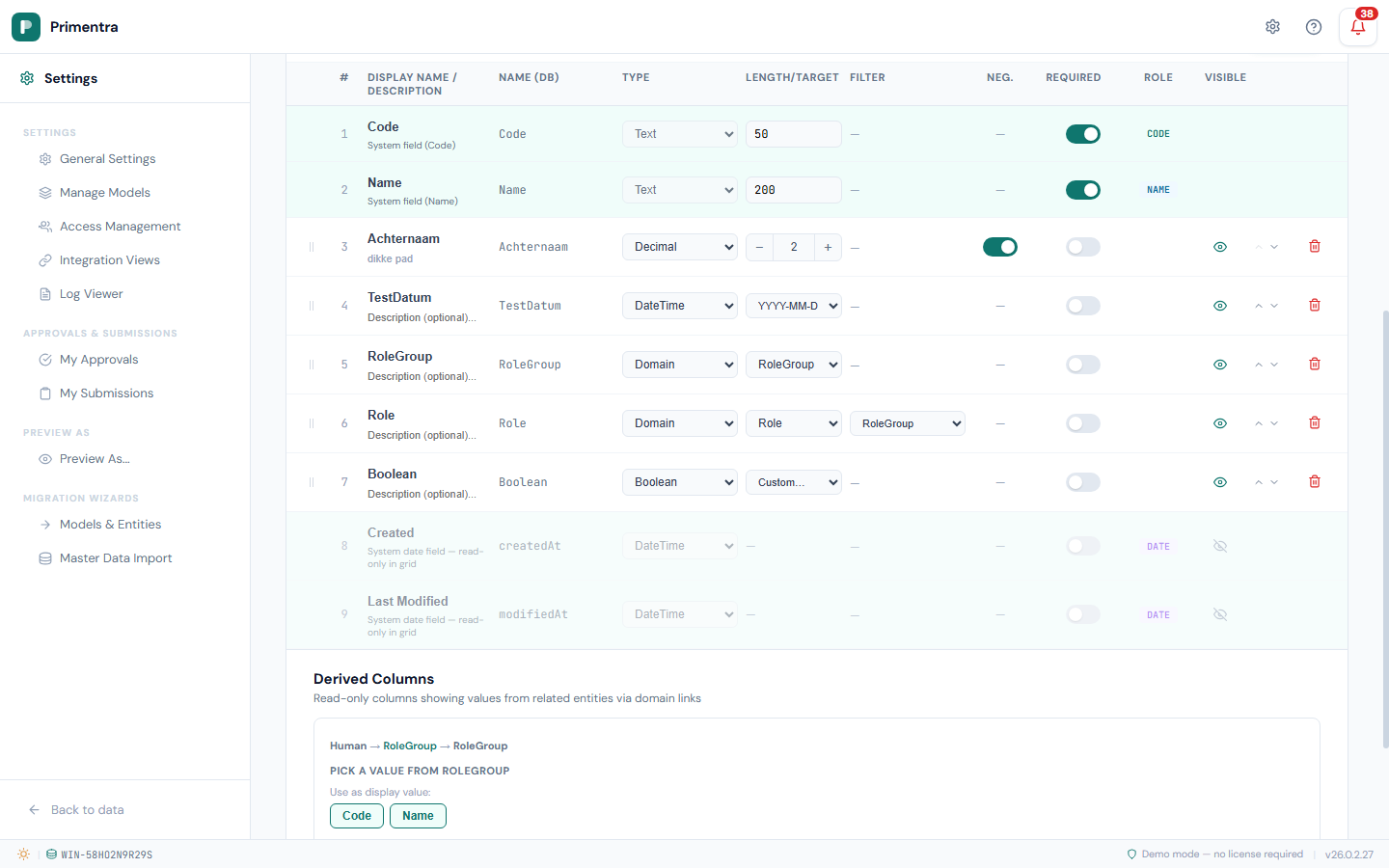 Derived Columns wizard in the Human entity editor. Breadcrumb shows Human → RoleGroup → RoleGroup. Below it: 'Pick a value from RoleGroup' with Code and Name buttons.