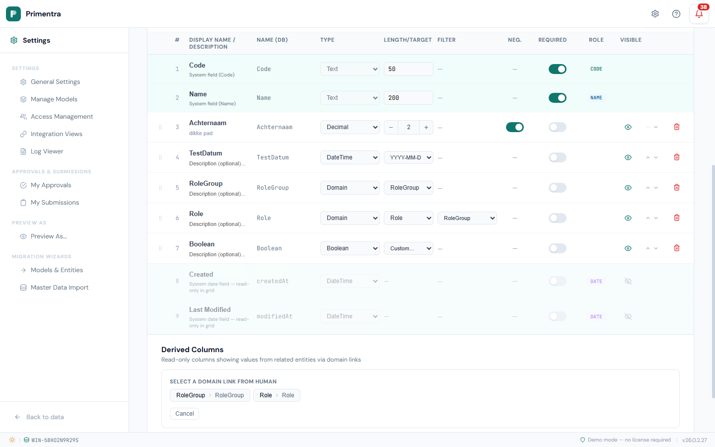 Human entity editor showing the Role attribute (row 6) with Type=Domain, Target=Role, and Filter column set to RoleGroup. Below it is the Derived Columns section with a wizard for picking a domain link.