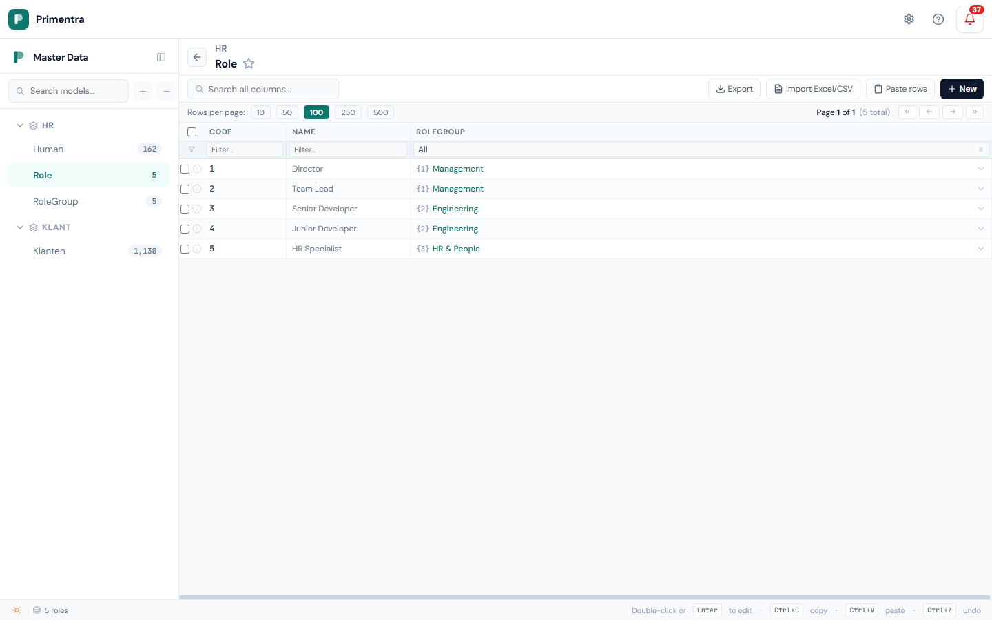 Primentra grid showing the Role entity with roles grouped by RoleGroup — Director and Team Lead under Management, Senior and Junior Developer under Engineering, HR Specialist under HR & People