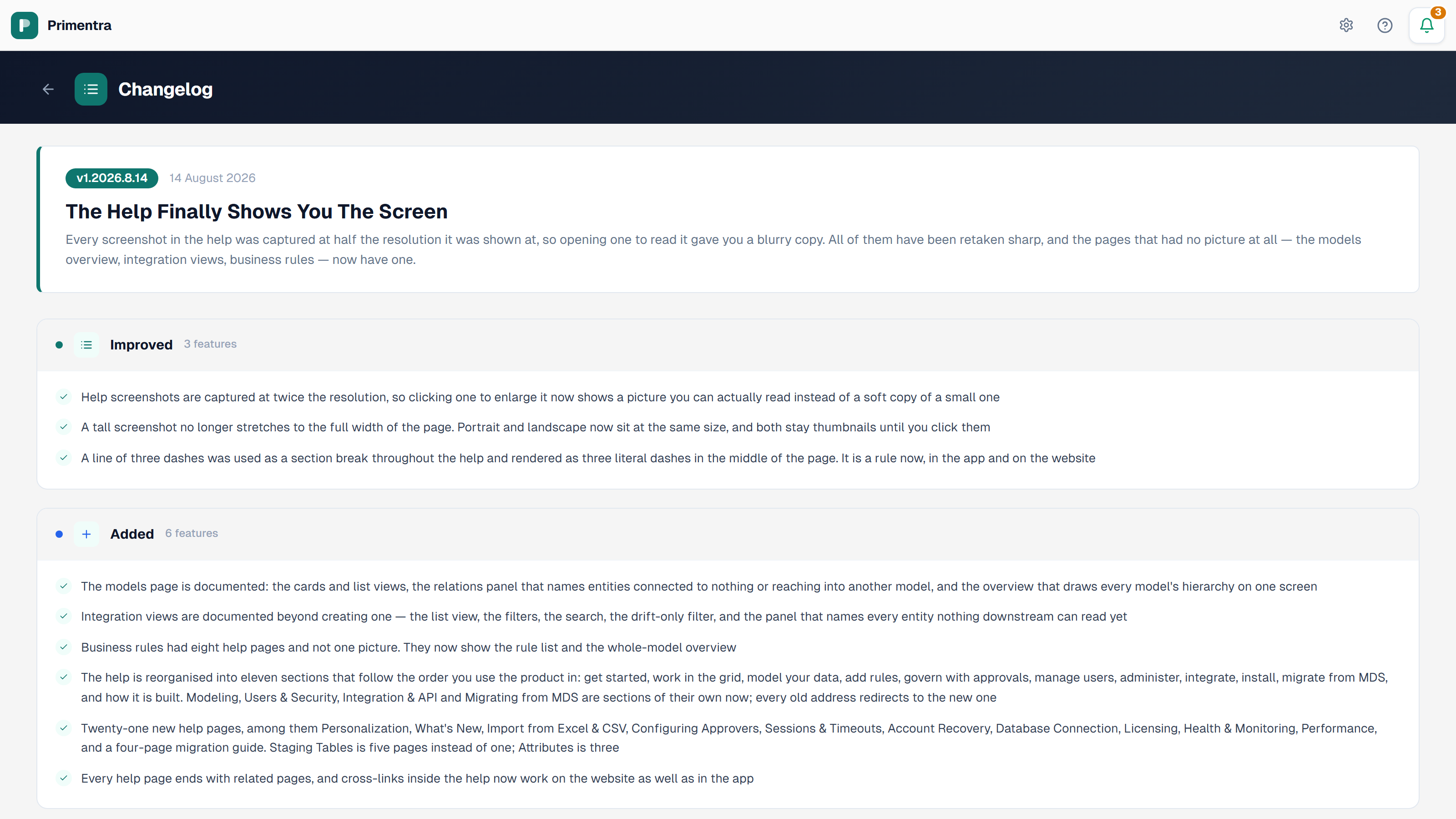 The in-app changelog, with the newest release at the top