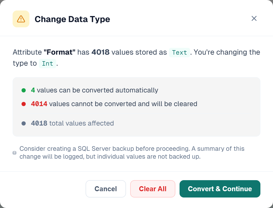The Change Data Type dialog, showing how many values convert and how many are cleared