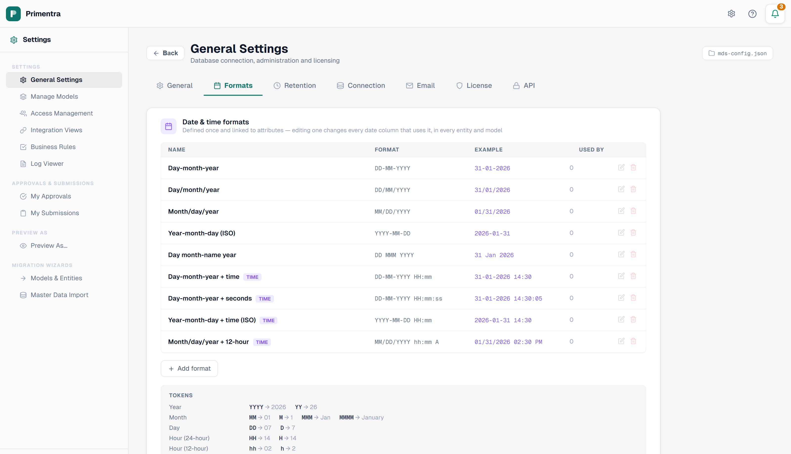 The Formats tab in General Settings, listing every date and time format