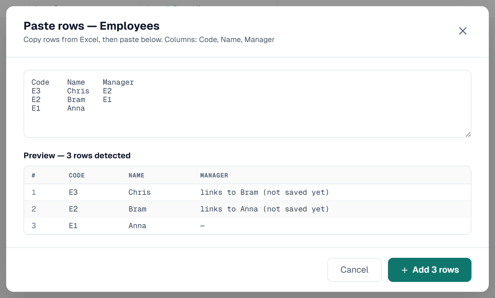 The Paste rows dialog on Employees with Chris first and Anna last, the Manager column reading links to Bram (not saved yet) and links to Anna (not saved yet)