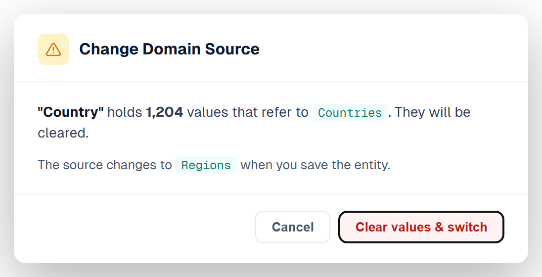 The Change Domain Source dialog for Country: 1,204 values that refer to Countries will be cleared, and the source changes to Regions on save