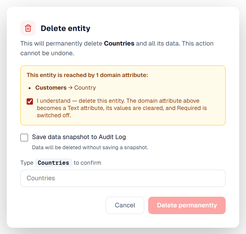 The Delete entity dialog for Countries, listing Customers → Country and the ticked box that says the attribute becomes a Text attribute