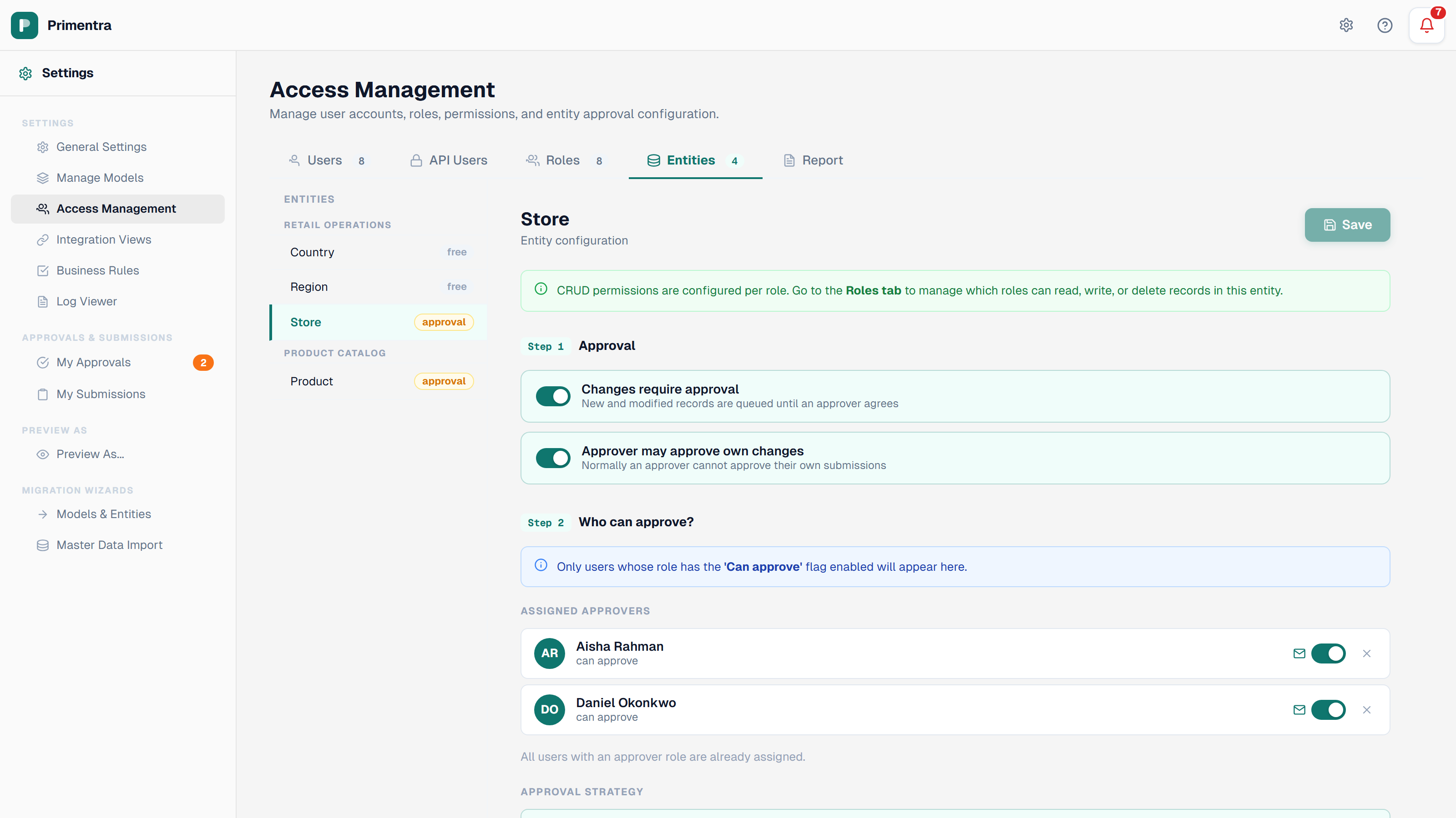 The entity approval configuration screen