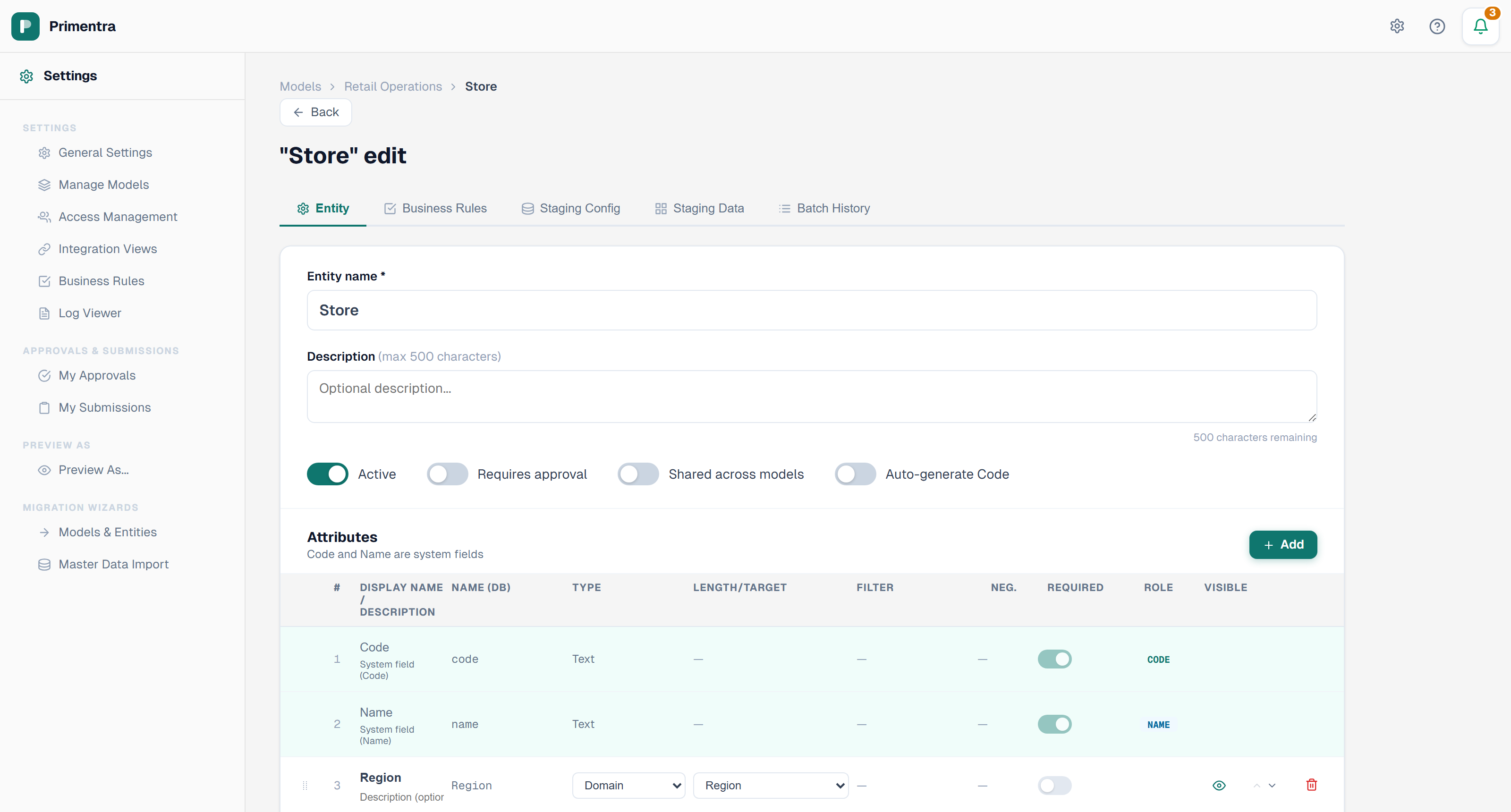 The entity form: name, description, the four toggles, and the attribute table beneath them