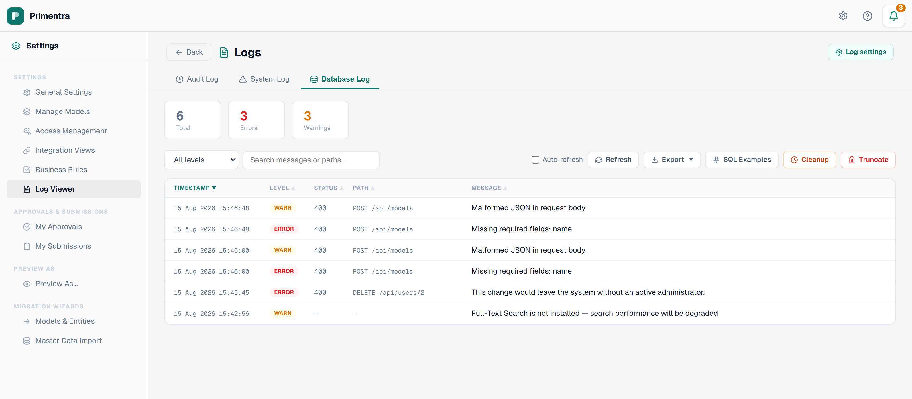 The Database Log tab with stats cards and the entry grid