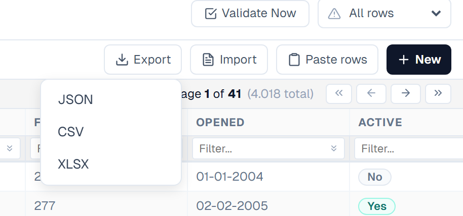 The Export button with the JSON, CSV and XLSX menu open
