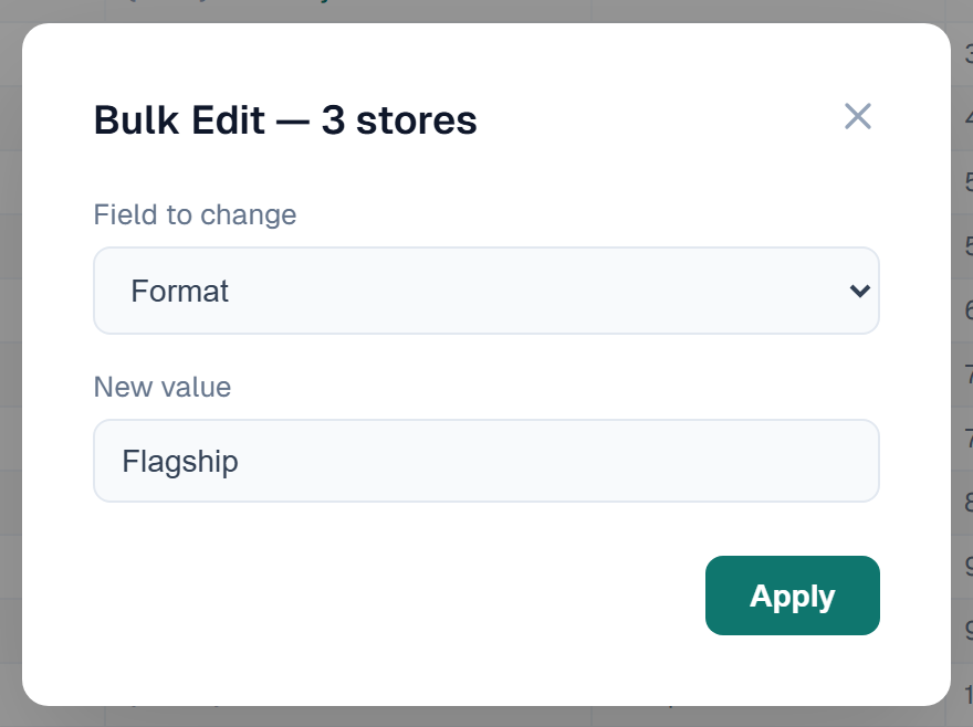 The bulk edit dialog with a field selected and a new value entered