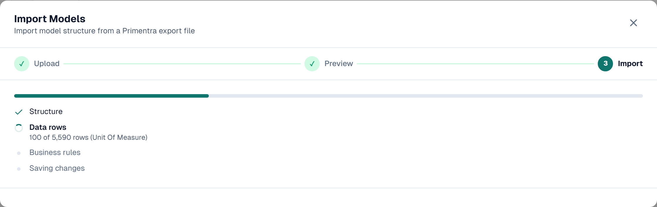 The Import step: structure done, data rows running at 100 of 5,590 rows, business rules and saving still to come