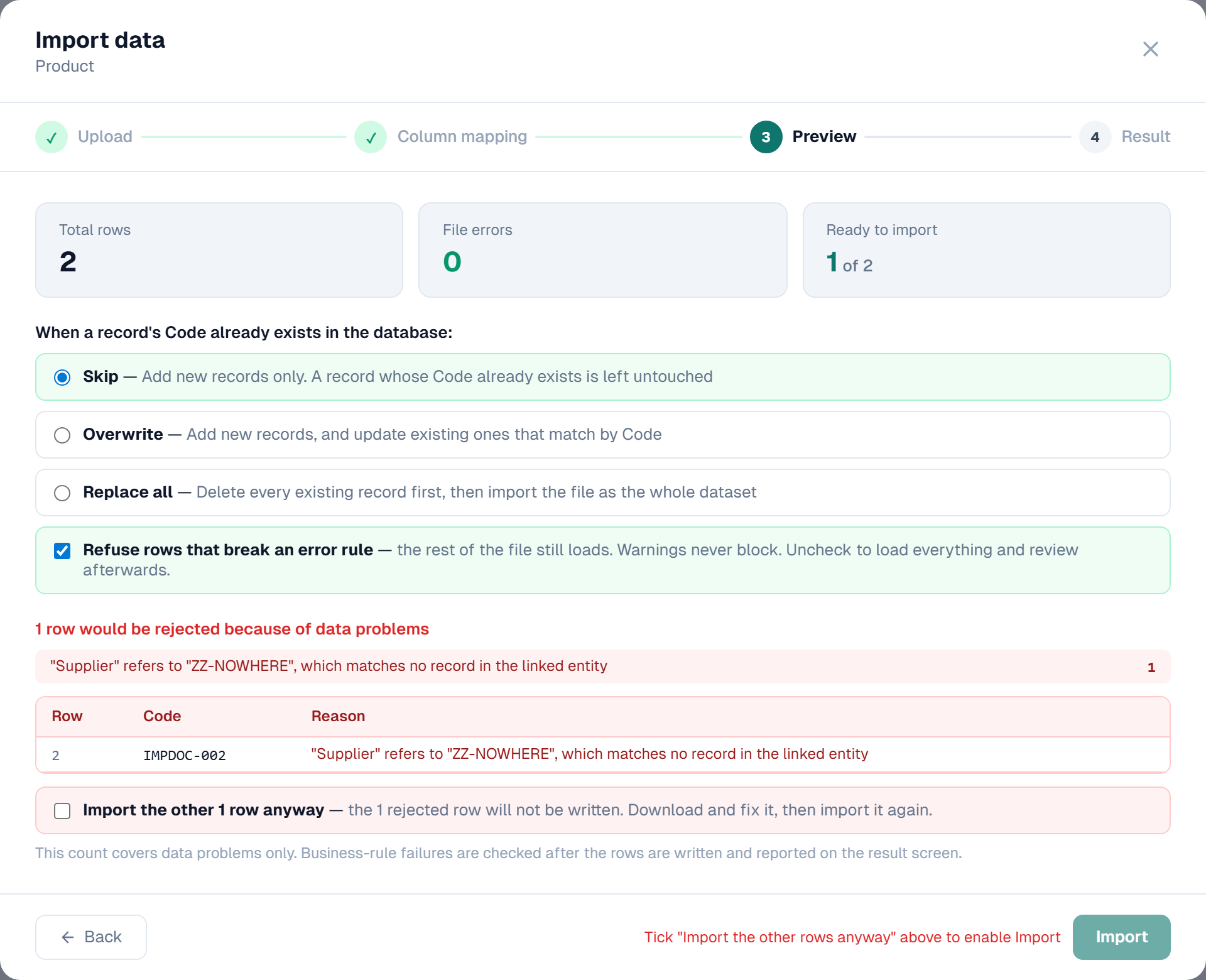 The Preview step reporting one rejected row, grouped by reason, with the confirmation checkbox to import the rest