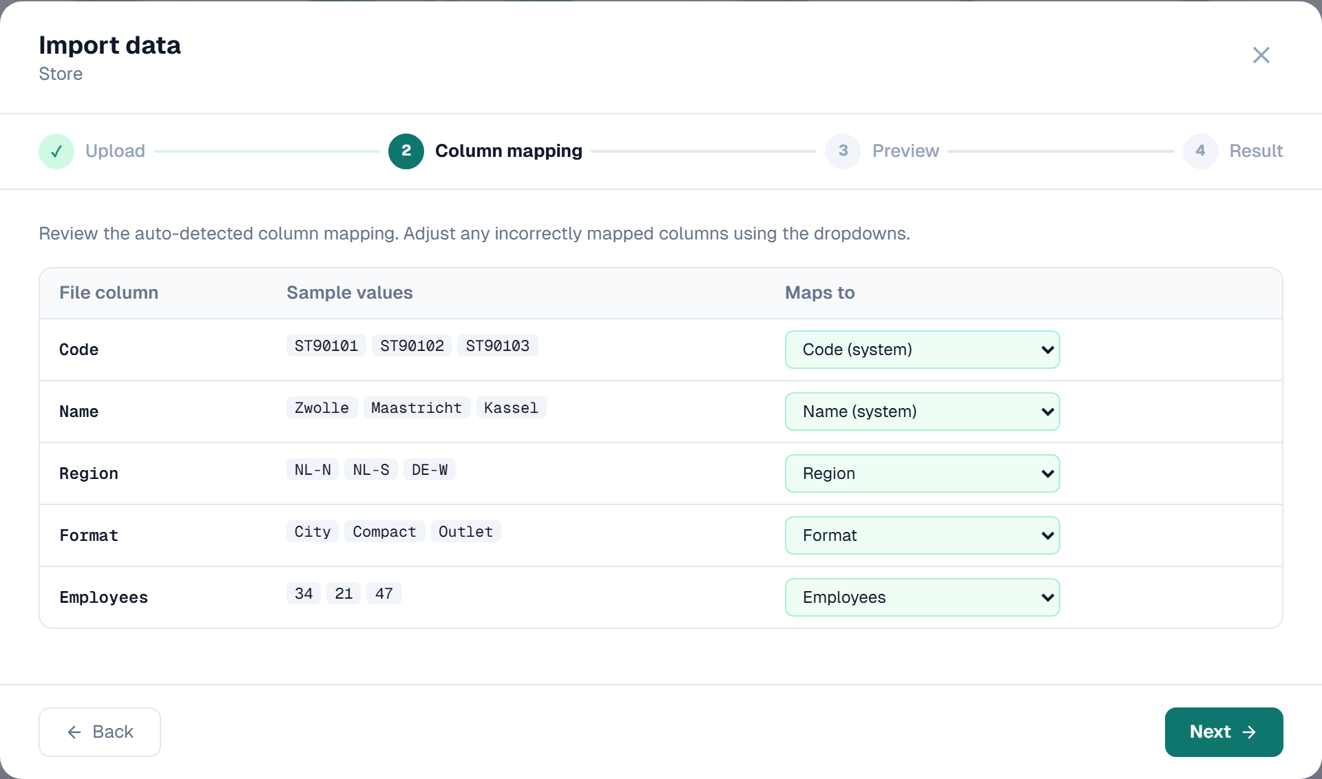 The column mapping step matching file headers to entity attributes