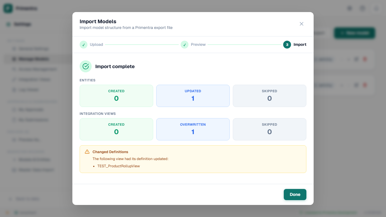 Import result showing the Integration Views tile group and the Changed Definitions panel naming the view that was overwritten