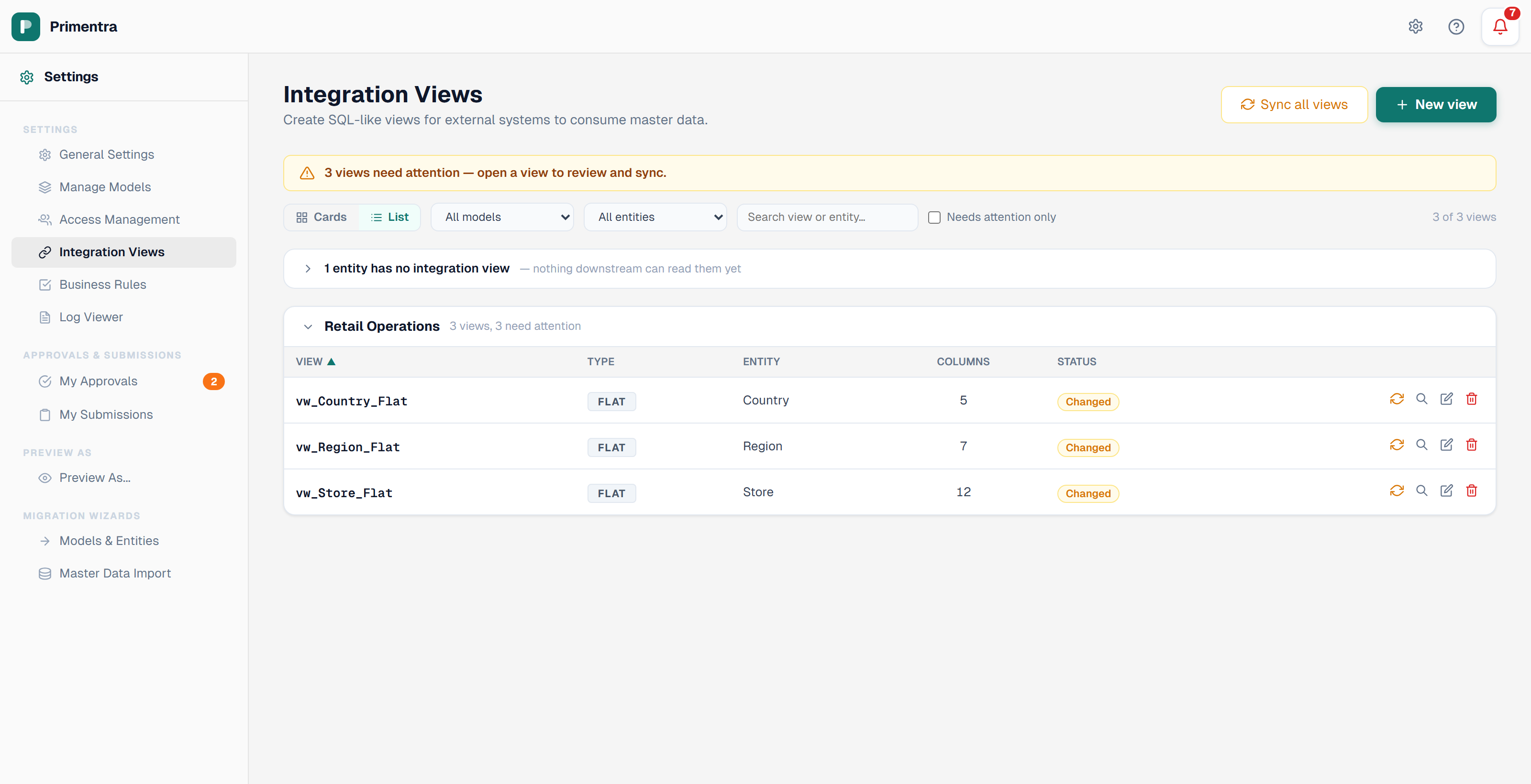 The Integration Views list, grouped by model, with the cards and list toggle, the filters, and the panel naming entities that have no view