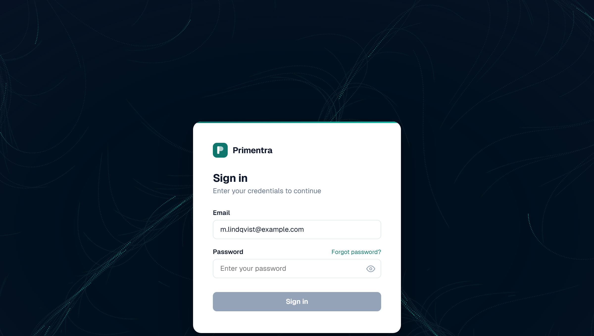 The Primentra sign-in screen