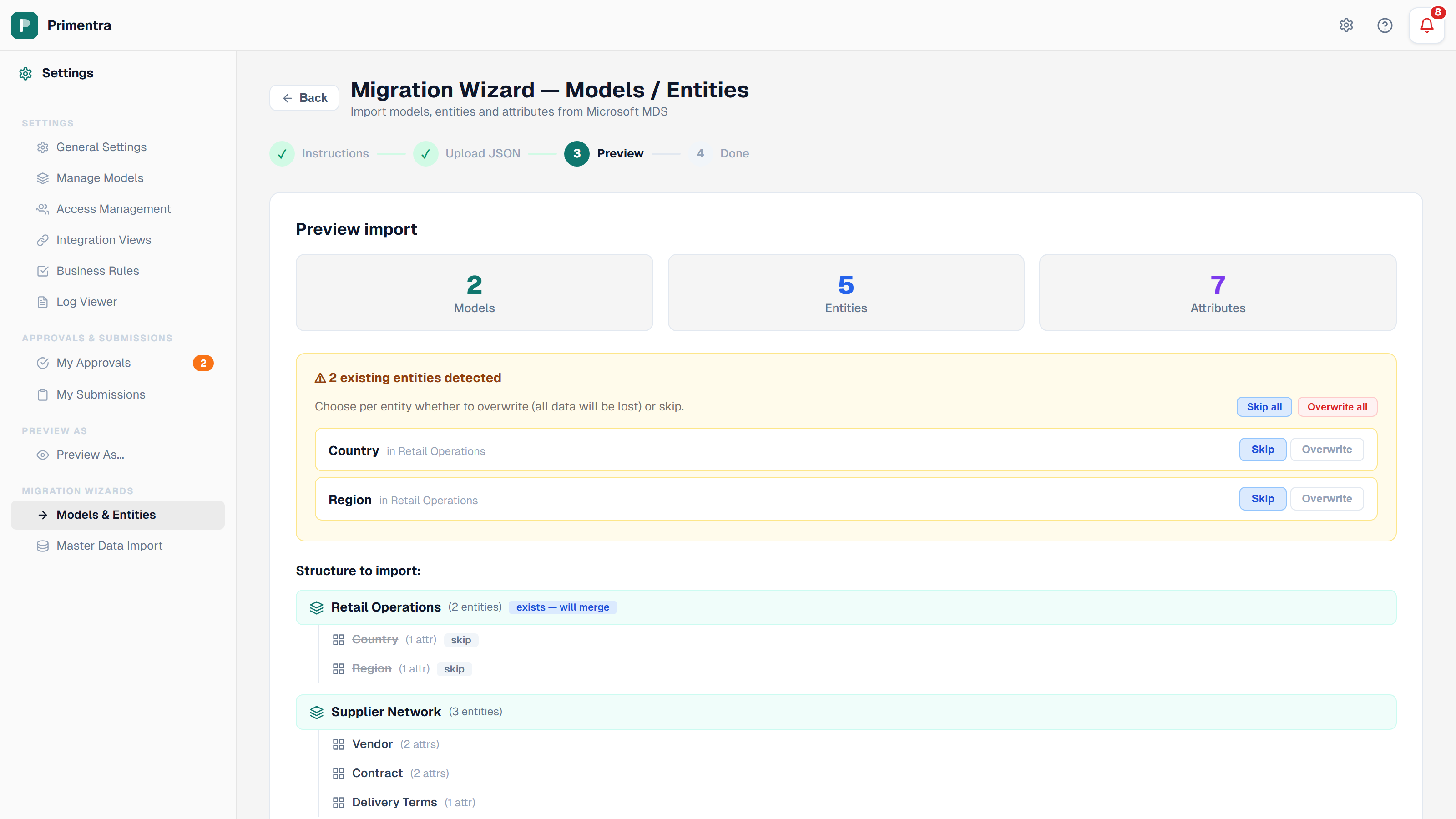 The Preview step with the import counts, the conflict list and the model tree