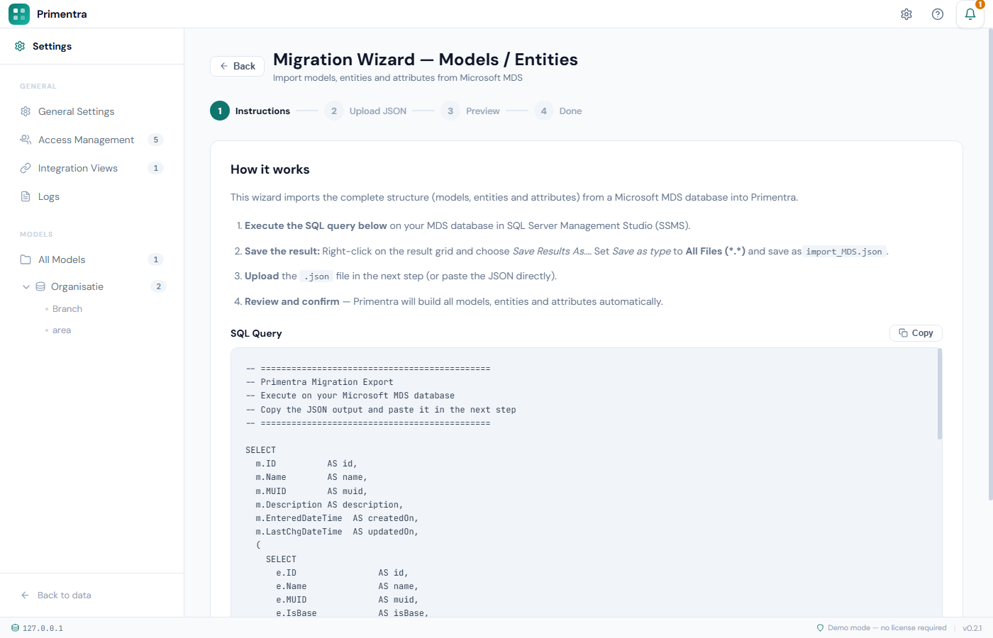 Primentra migration wizard importing models from MDS
