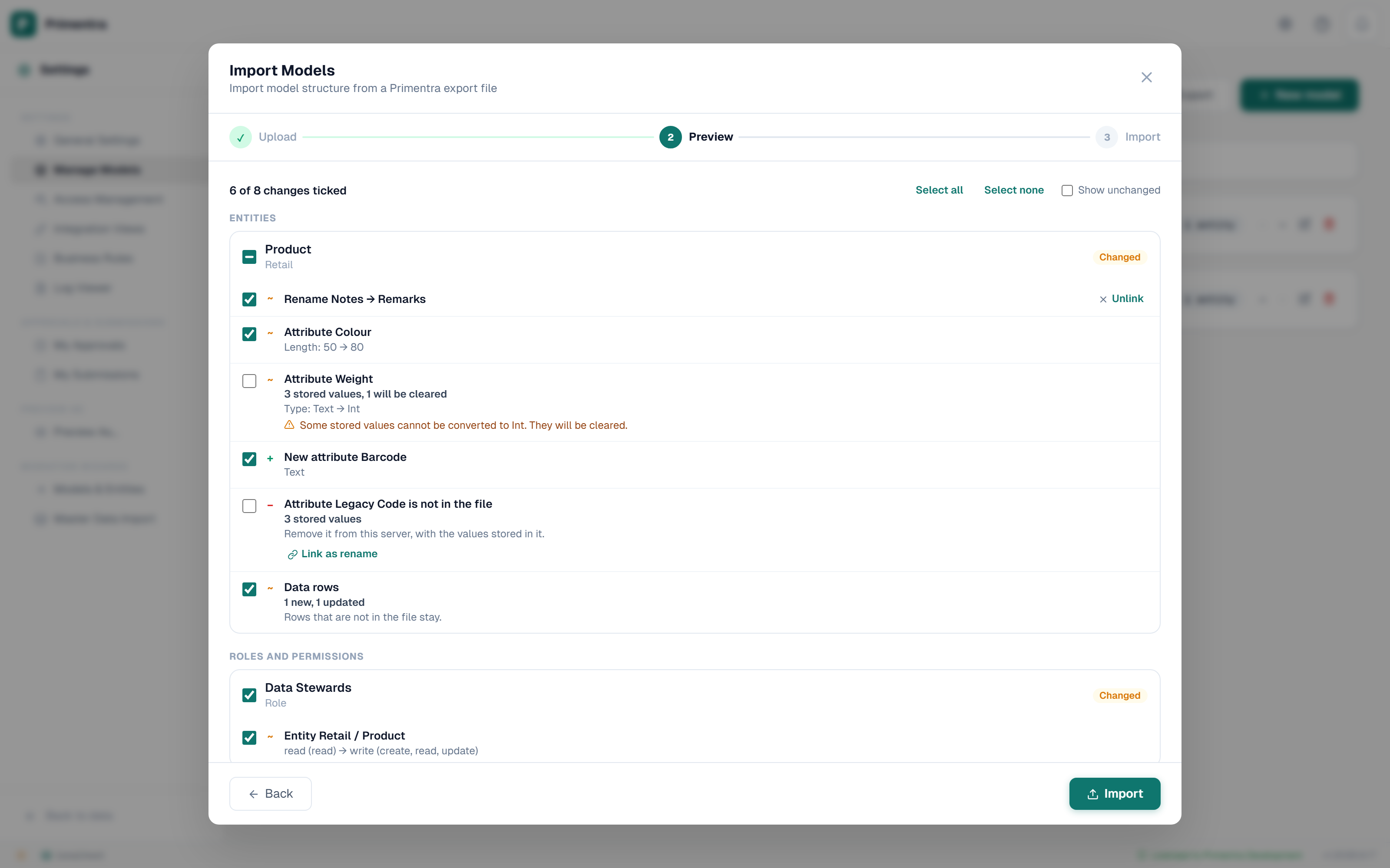 The import preview: an entity card with a linked rename, a type change that clears one value, a new attribute, an unticked removal, the data rows, and a role whose permission goes from read to write