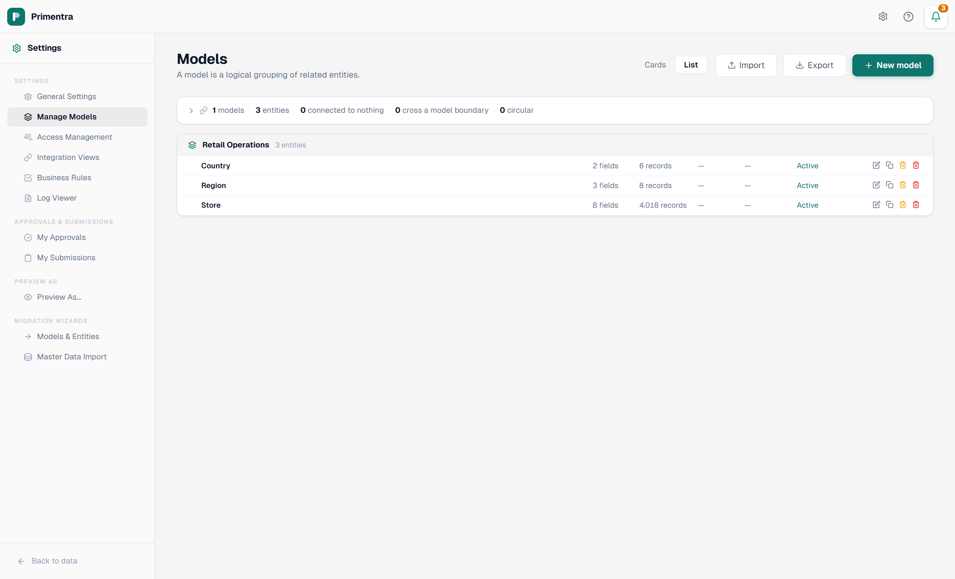 The Models page in list mode, with every entity of every model under each other