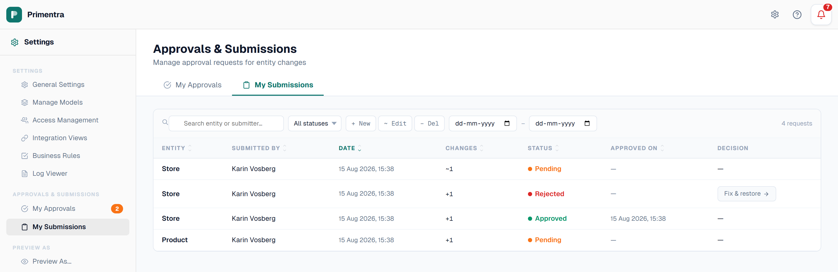 My Submissions with request statuses