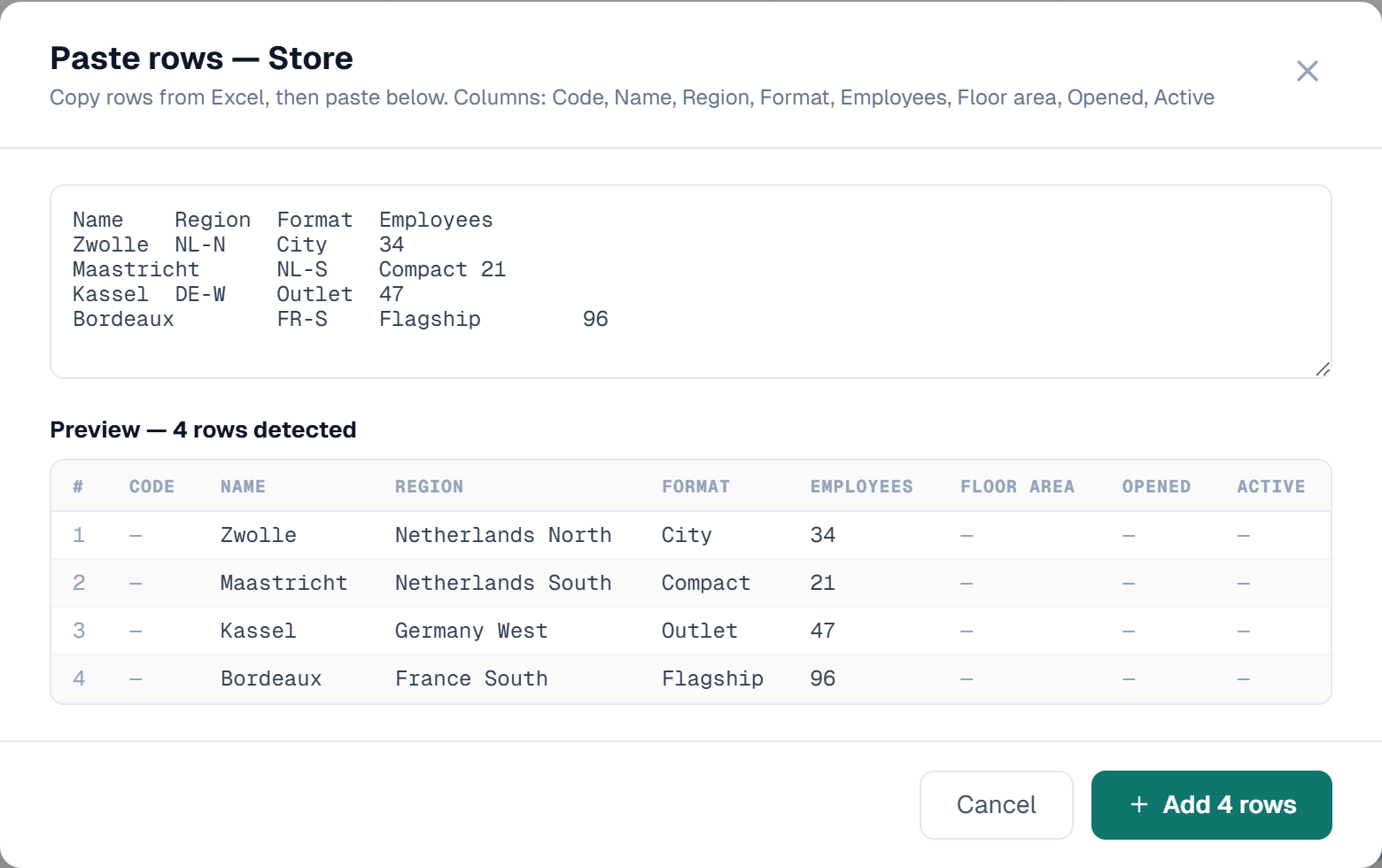 The Paste rows dialog showing parsed rows with resolved reference values
