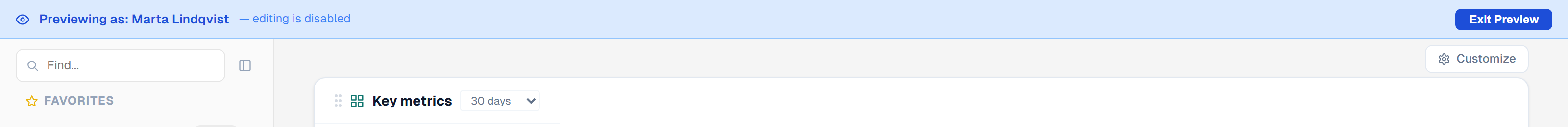 The blue Preview As banner at the top of the screen during a preview