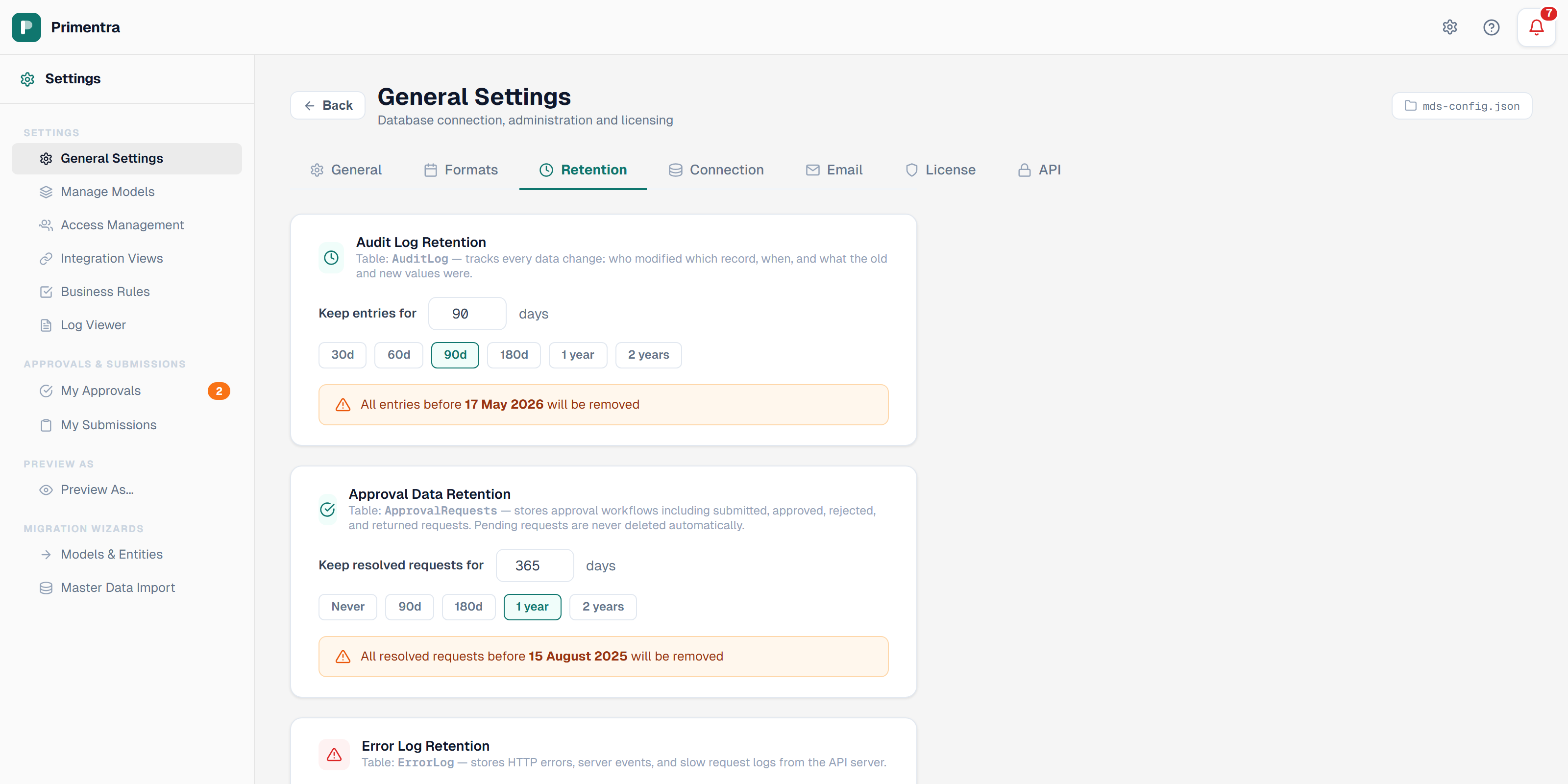 The Retention tab with the audit and approval retention cards