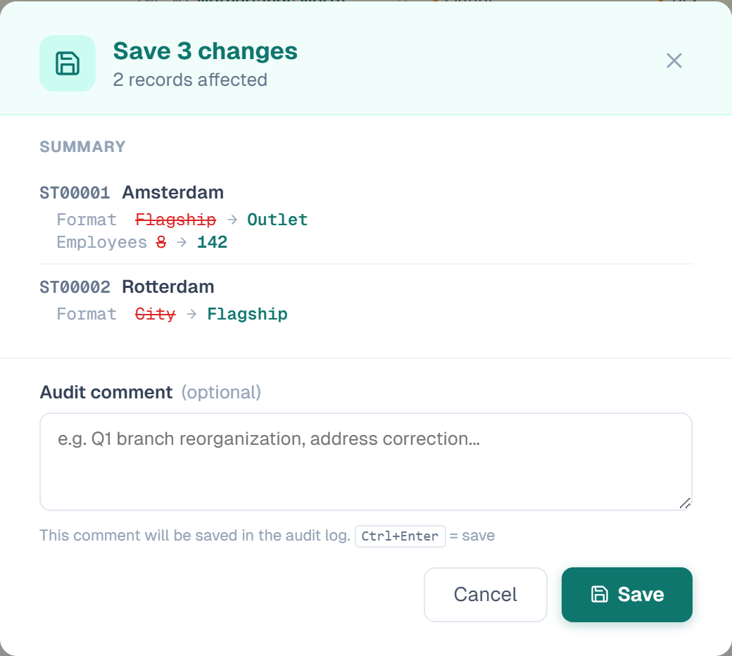 The save dialog listing every pending change with an audit comment box