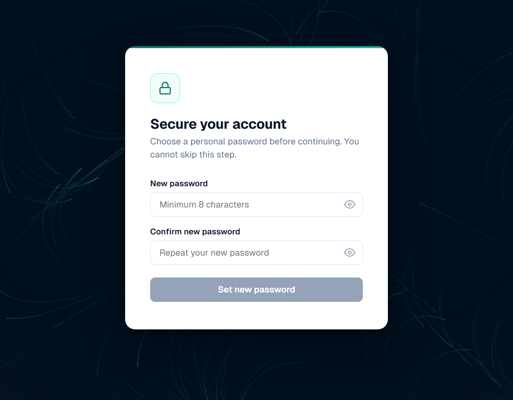 The Secure your account screen, asking for a new password and a confirmation after the first sign-in