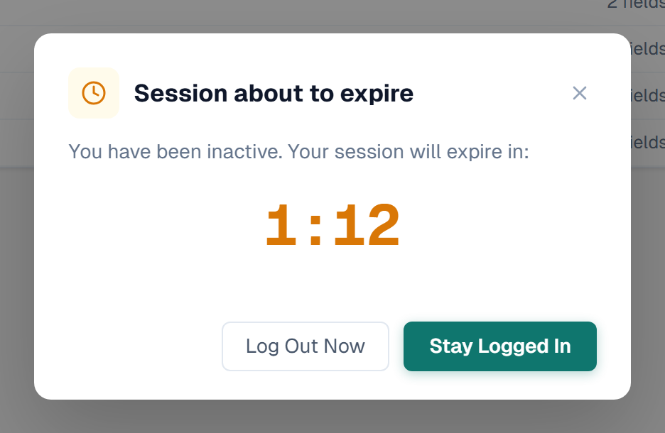The session warning modal counting down before the session expires