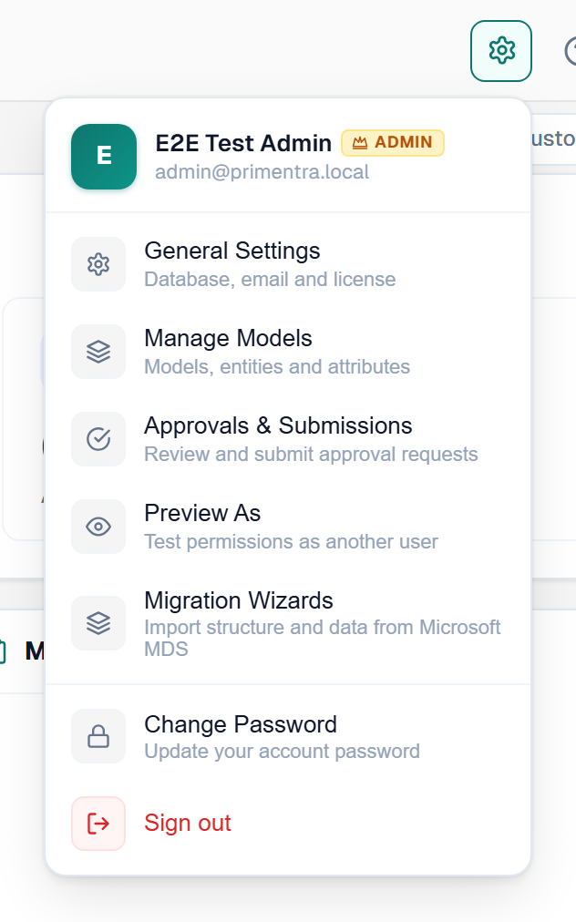 The settings menu open, showing the account header and its entries