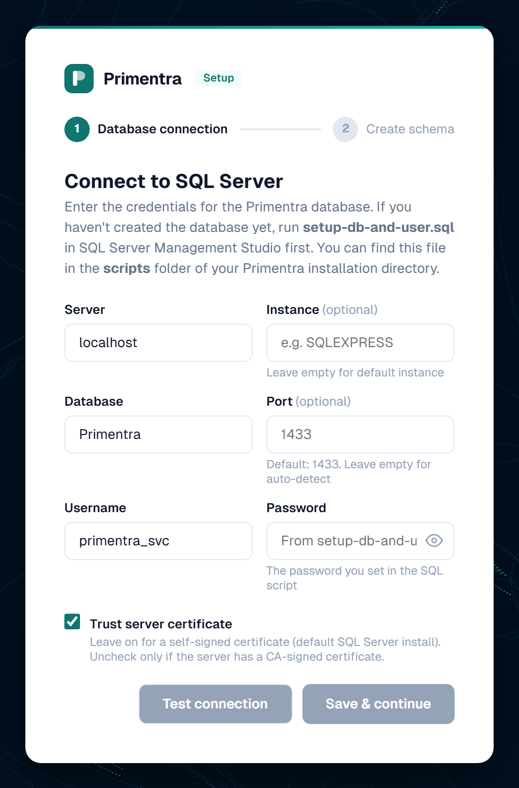 The first-run setup wizard, connecting Primentra to SQL Server