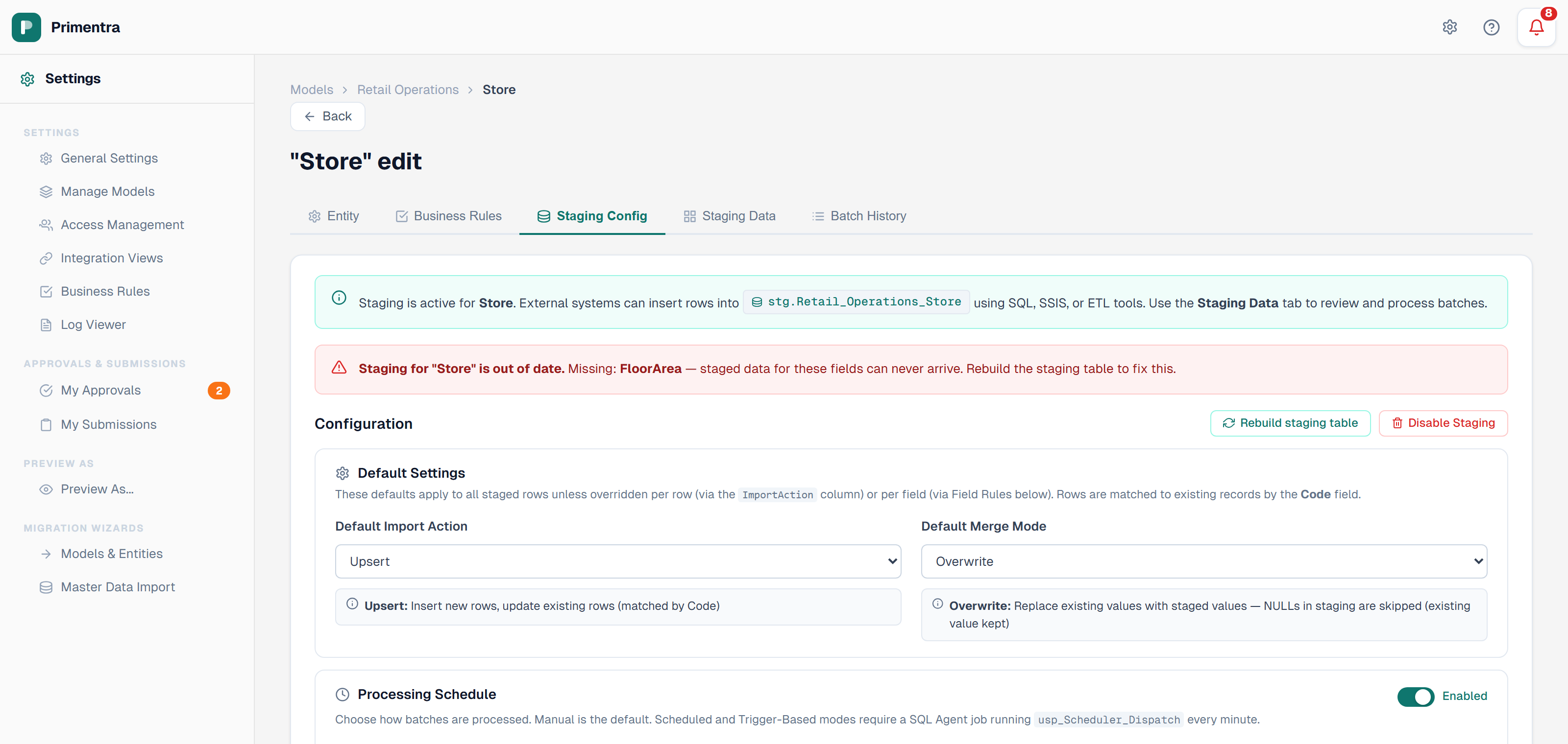 The Staging Config tab showing a drift banner for a missing column, above the Rebuild staging table button
