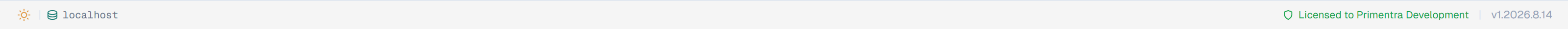 The status bar, with the theme toggle, database name, license state, and version