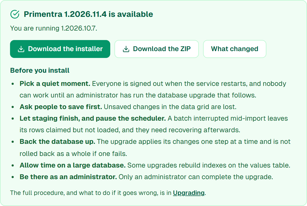 The update panel in General Settings, with the installer and ZIP download buttons